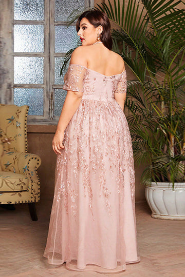 Blush Tulle Long Plus Size Mother of the Bride Dress with Appliques
